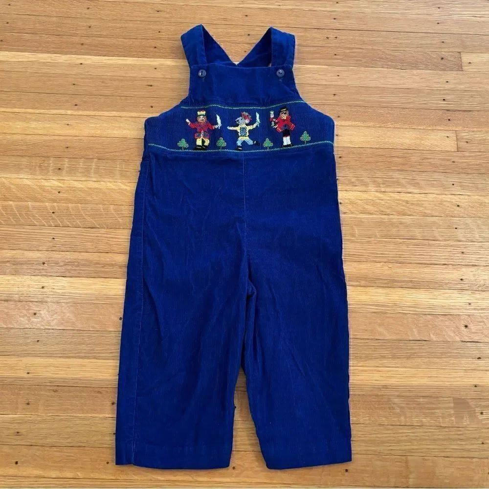 Vive La Fête Nutcracker embroidered blue corduroy overalls